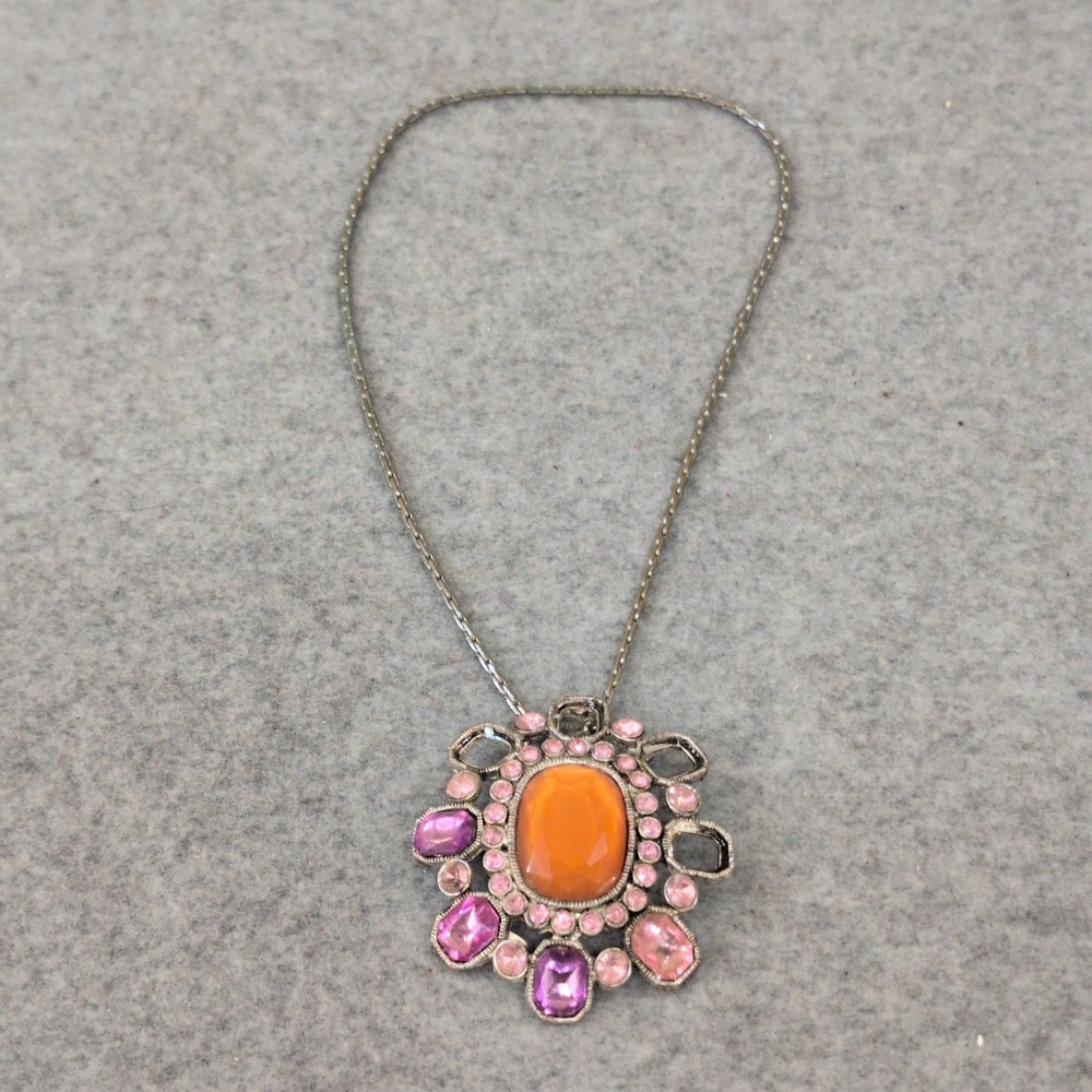 Sarah Coventry Orange Gemstone Flower Statement Necklace Slvr Tone Missing Gems - Picture 2 of 5